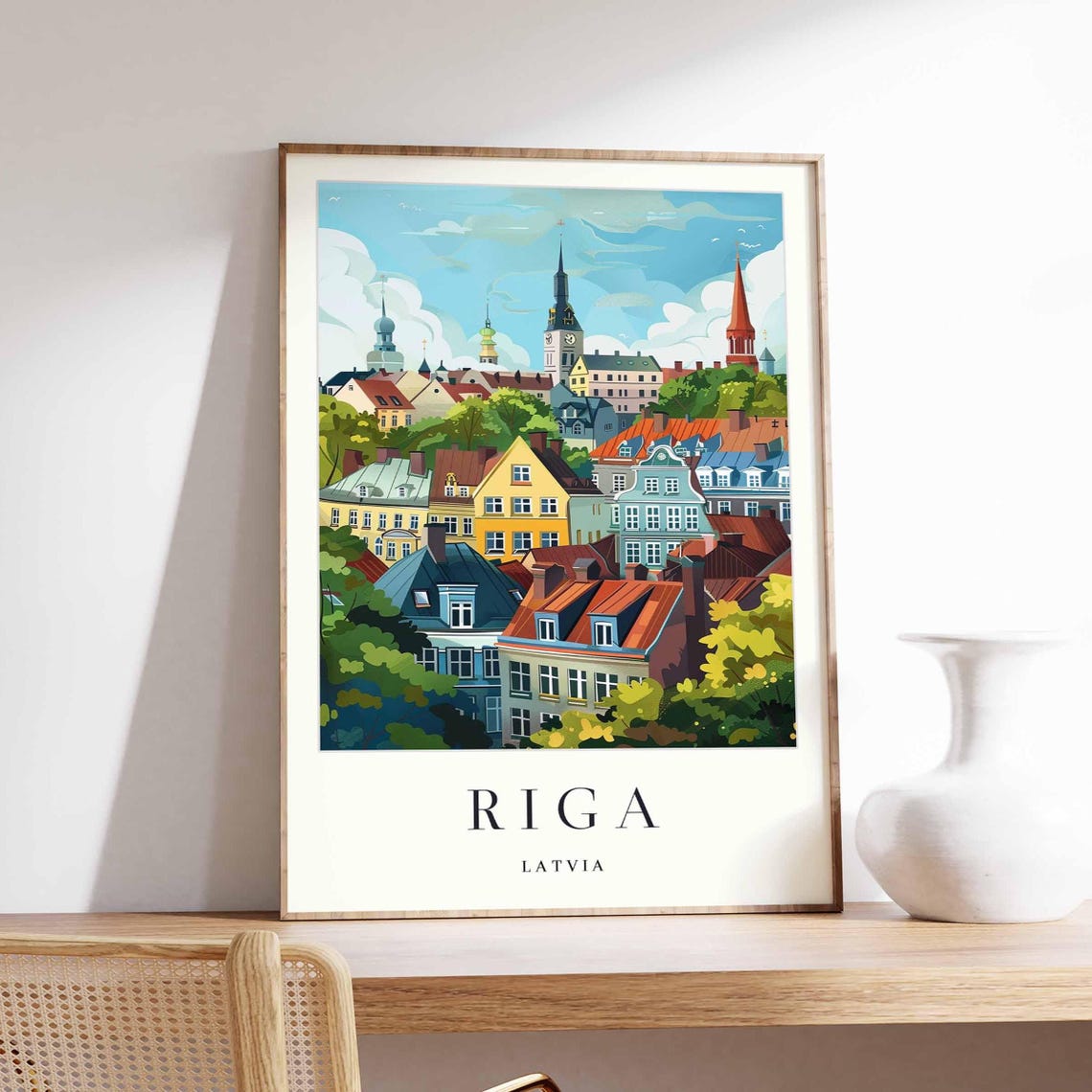 Riga Latvia Old Town Church Spires Red Roofs Illustration Poster