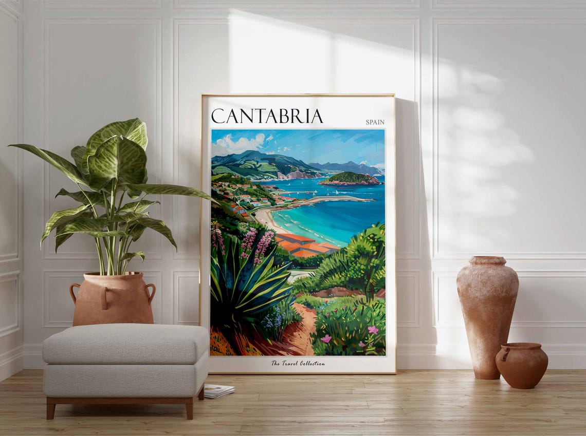 Cantabria Spain Turquoise Coastal Bay Mountains Painted Travel Poster - Image 3