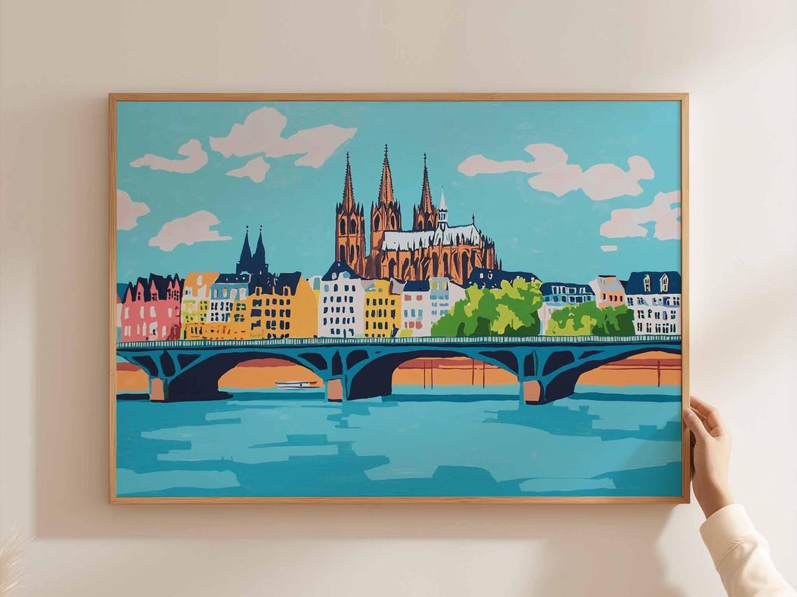 Cologne Cathedral Bridge Colorful Flat Illustration Riverside Poster