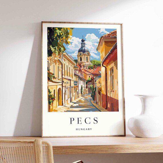 Pecs Hungary Sunlit Street Domed Church Old Town View Poster