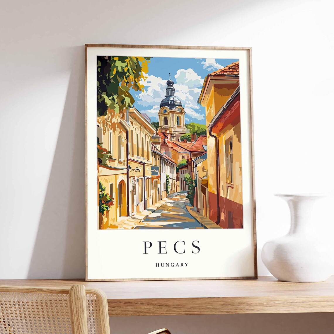 Pecs Hungary Sunlit Street Domed Church Old Town View Poster