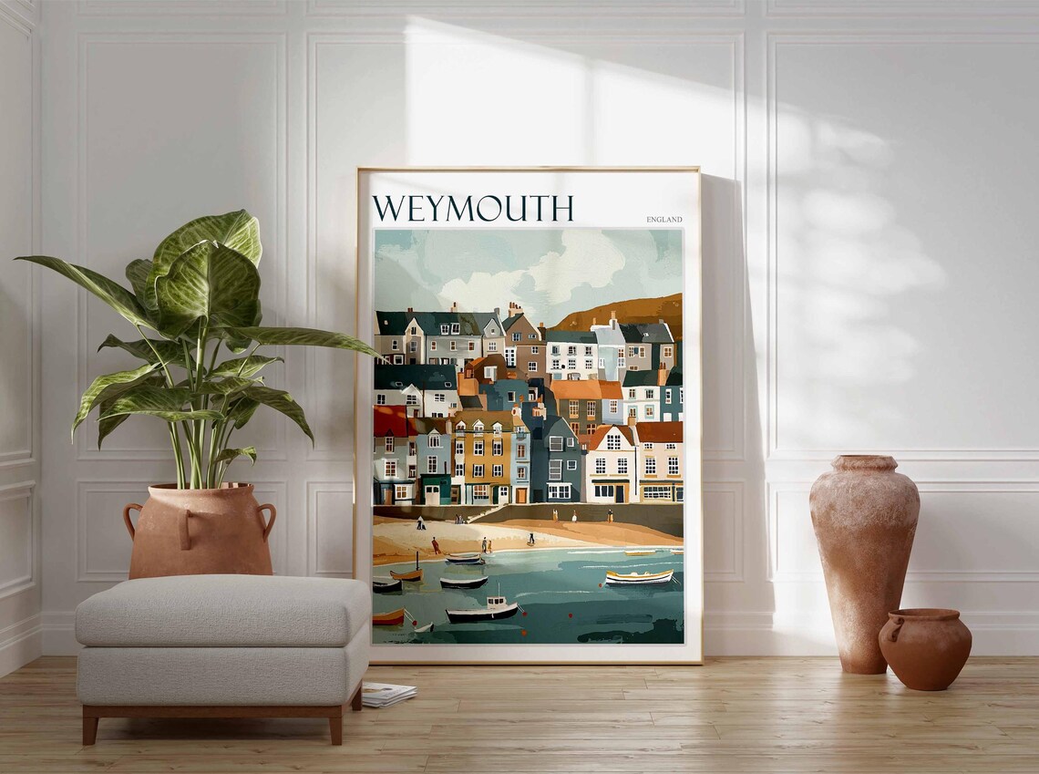 Weymouth England Hillside Townhouses Beach Boats Travel Poster - Image 2