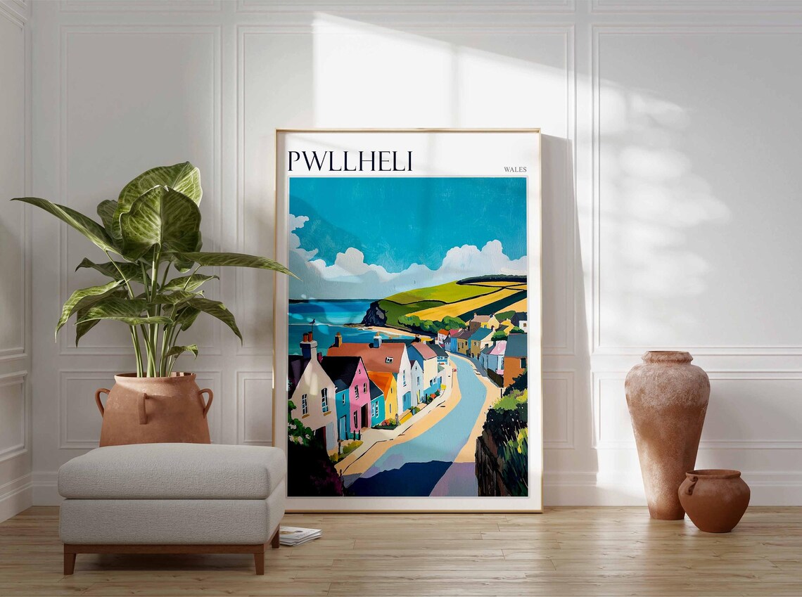 Pwllheli Wales Curved Street Pastel Cottages Golden Fields Sea Poster - Image 4