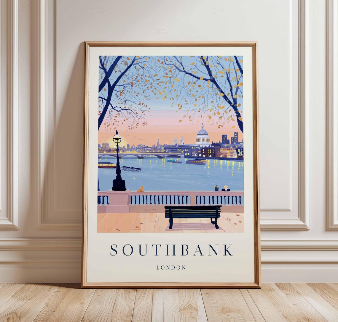 Southbank London Travel Poster, Thames River City Art