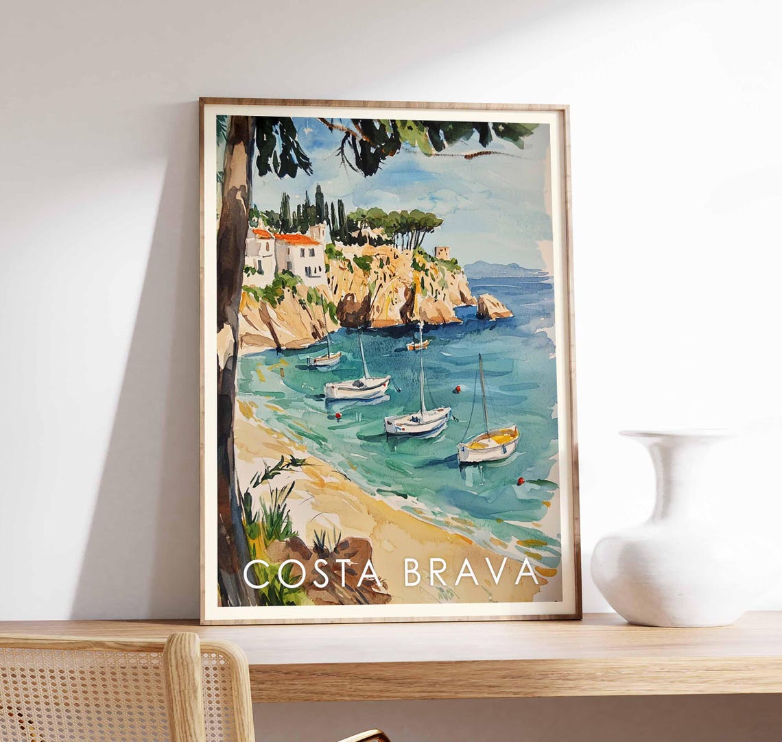 Costa Brava Turquoise Cove Sailboats Cliff Watercolor Coastal Poster