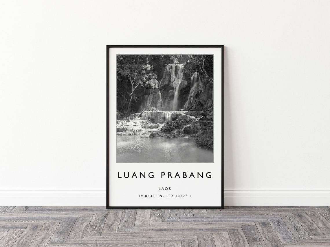 Luang Prabang Laos Black And White Waterfall Photo Travel Poster - Image 2