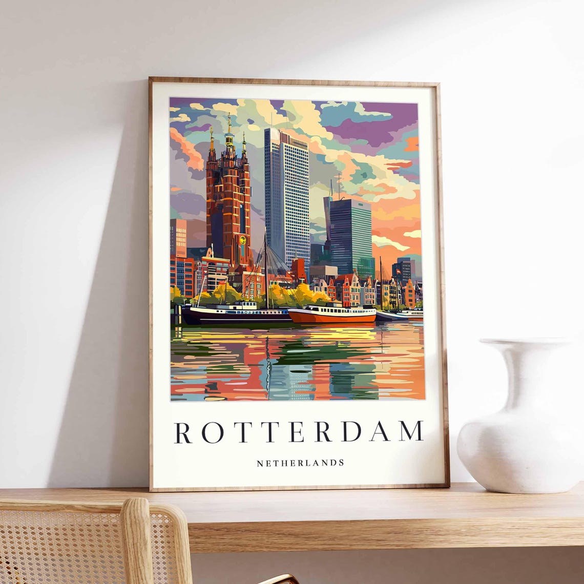 Rotterdam Netherlands Modern Skyline Harbor Ships Colorful Poster