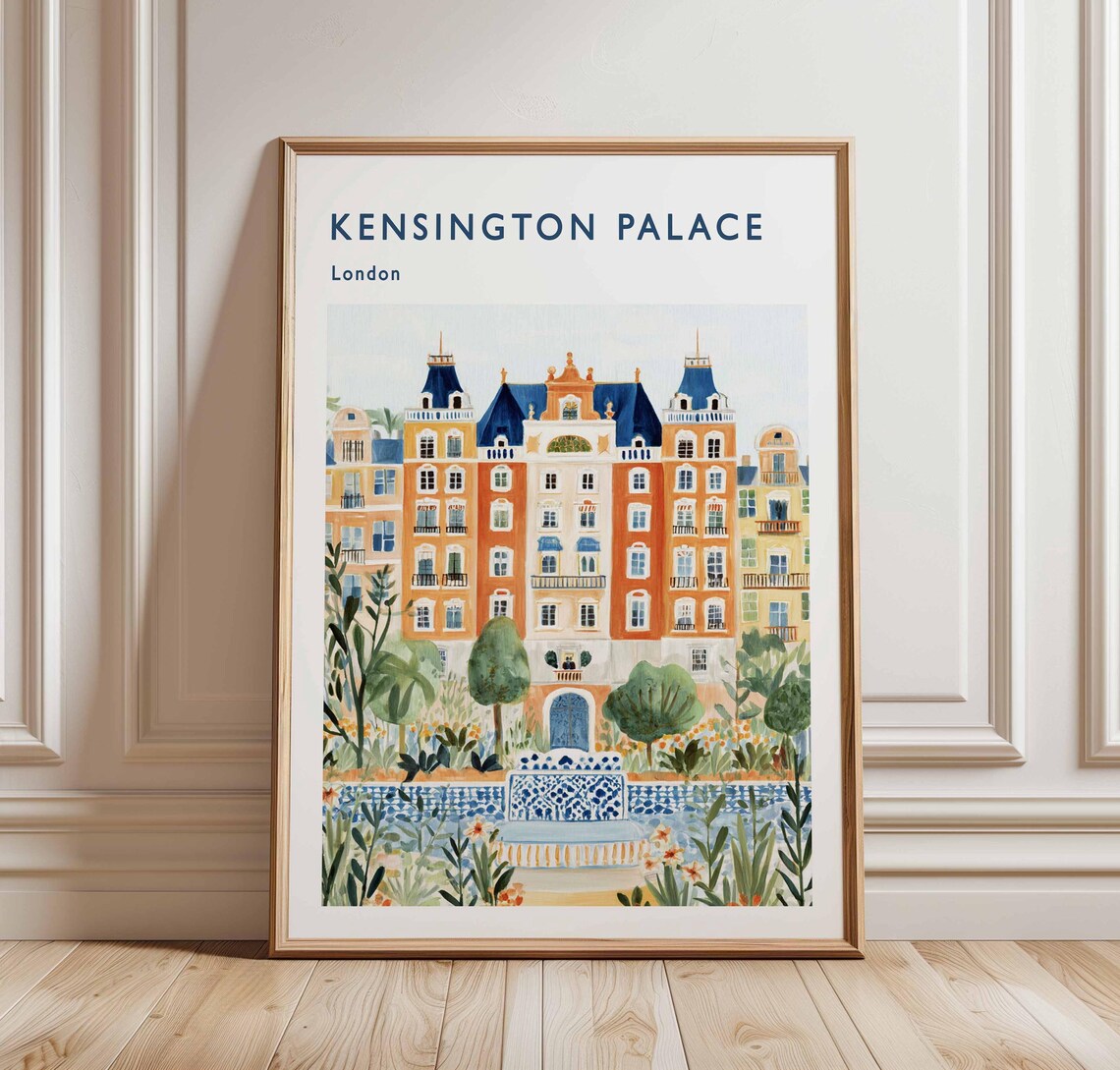 Kensington Palace London Illustrated Facade and Fountain Travel Poster