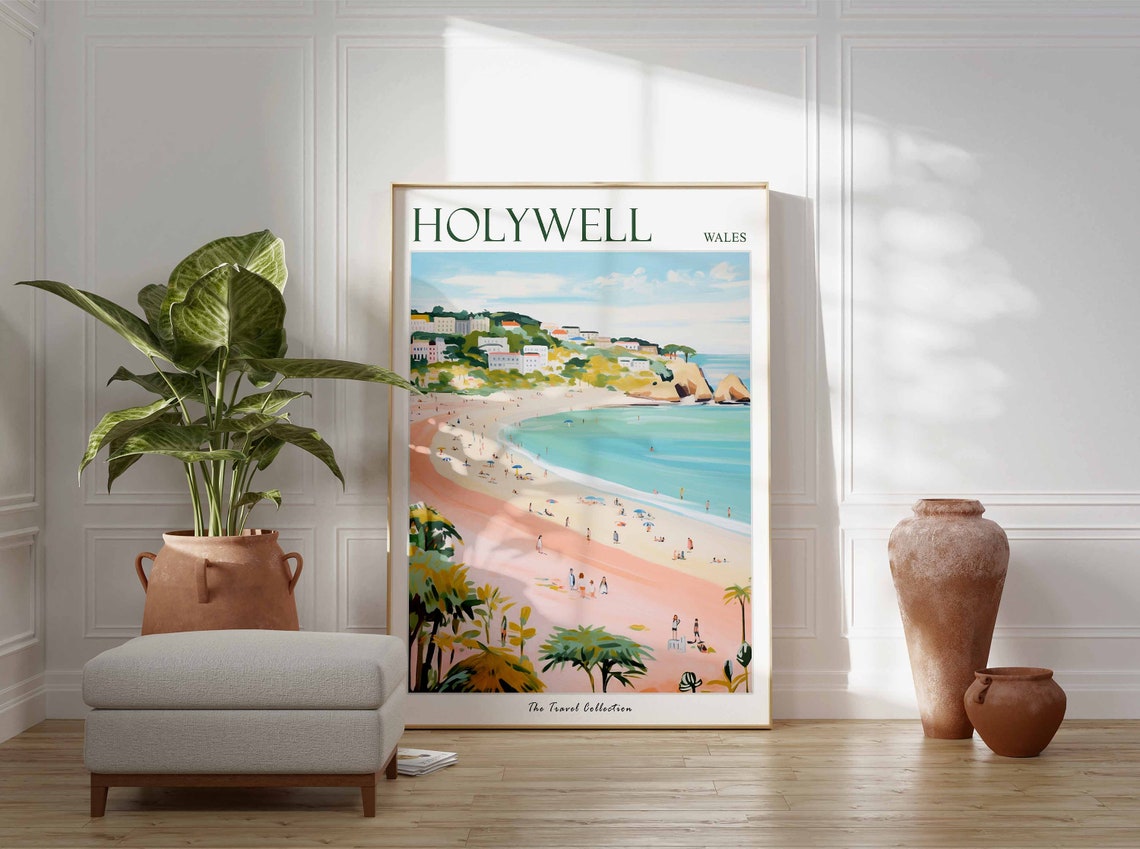Holywell Wales Pink Beach Palm Trees Hillside Town View Poster - Image 3