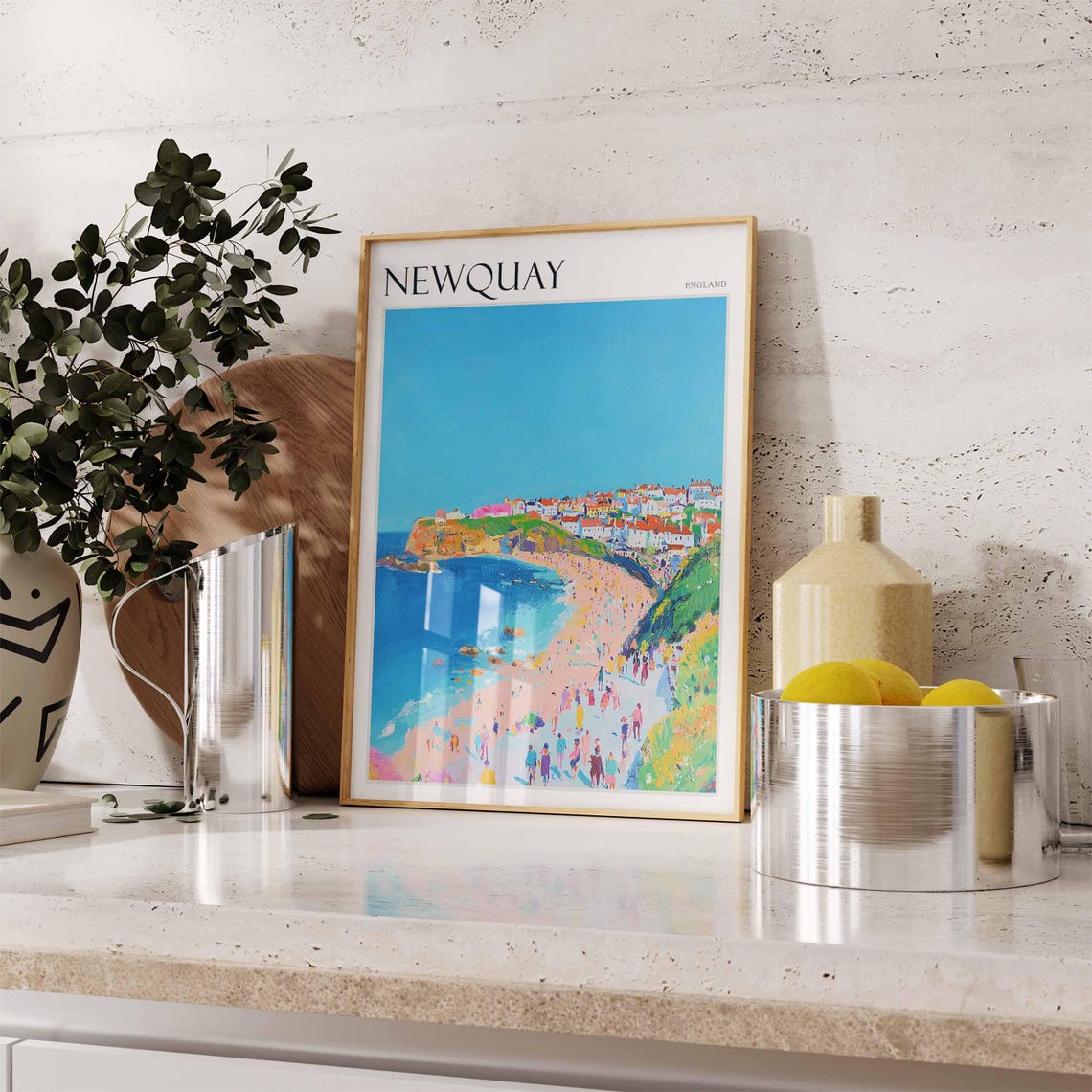Newquay England Crowded Beach Headland Summer Day Scene Poster - Image 2