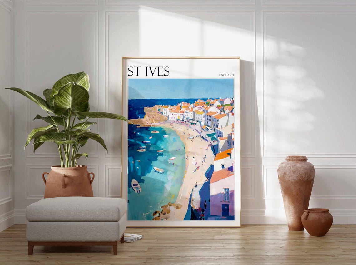 St Ives England Curved Harbor Boats Aerial Coastal View Art Poster - Image 2