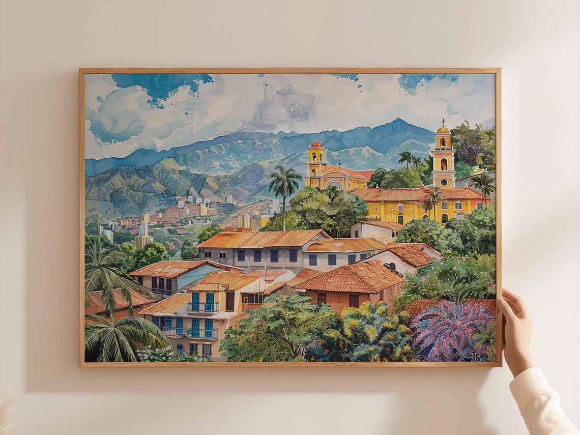 Caracas Old Town Watercolor Yellow Church Bell Towers Art Poster