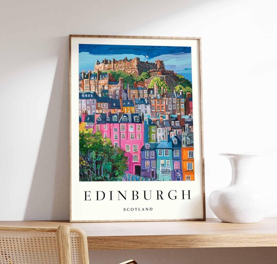 Edinburgh Scotland Colorful Old Town Houses Castle Travel Poster
