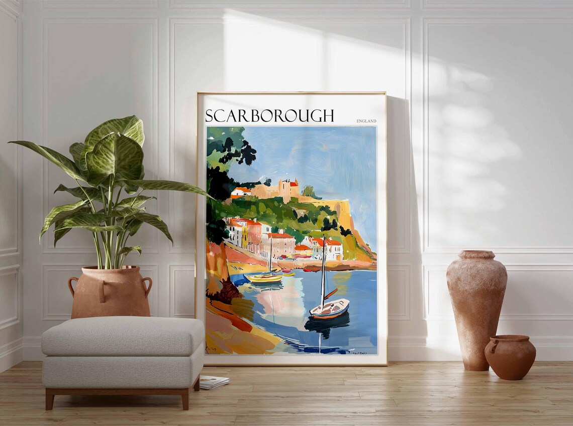 Scarborough Castle Above Beach Sailing Boat Poster England Art - Image 2