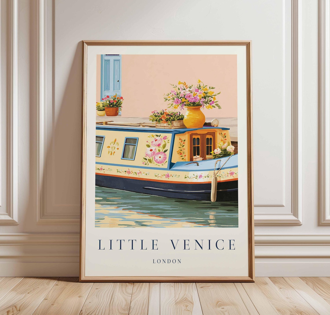 Little Venice London Painted Narrowboat Floral Travel Poster