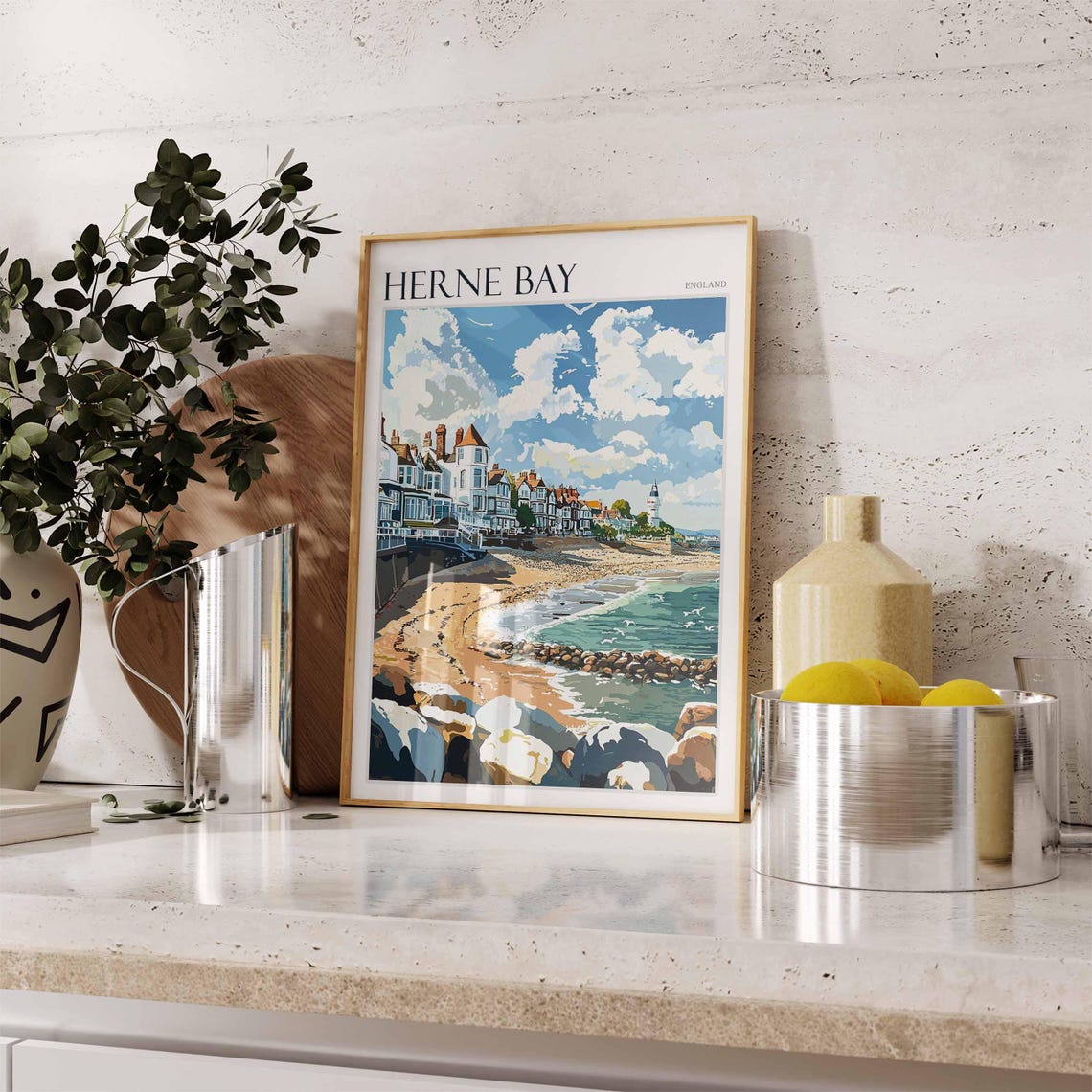 Herne Bay England Rocky Shore Cottages Clock Tower Clouds Poster - Image 2