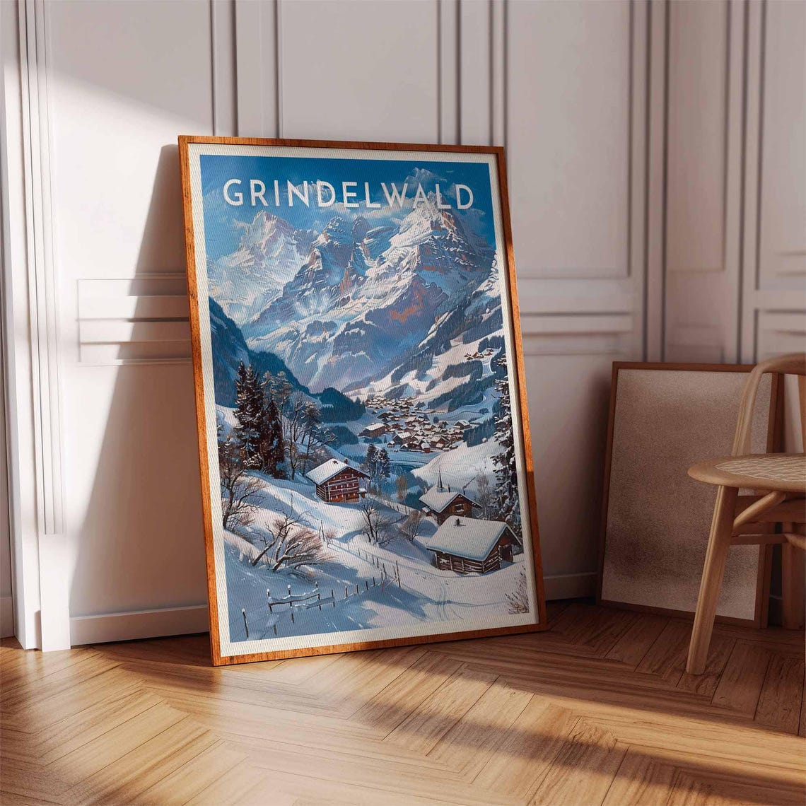 Grindelwald Alpine Winter Snowy Slopes Chalets Rugged Peaks Poster - Image 2