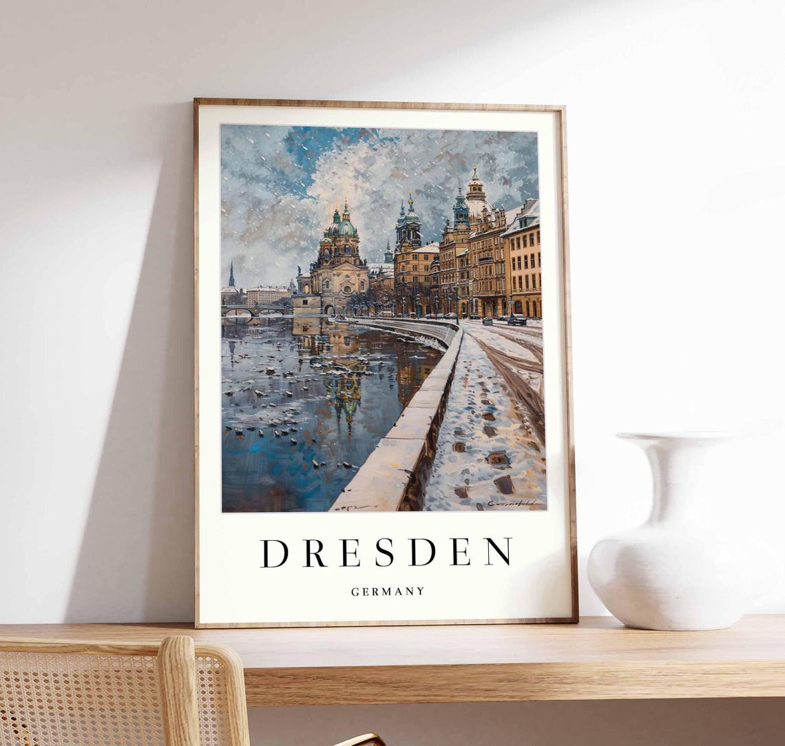 Dresden Germany Snowy Winter Riverside Domed Church Reflections Poster
