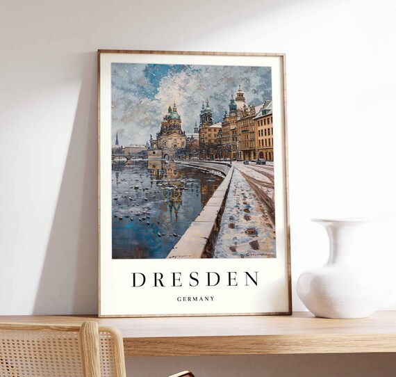 Dresden Germany Snowy Winter Riverside Domed Church Reflections Poster