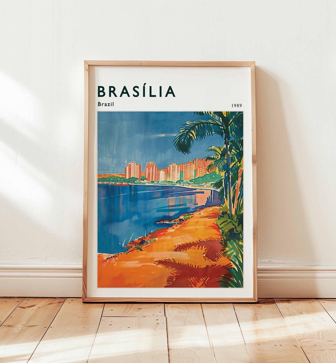 Brasilia Brazil 1989 Waterfront Skyline Palms Vintage Travel Poster