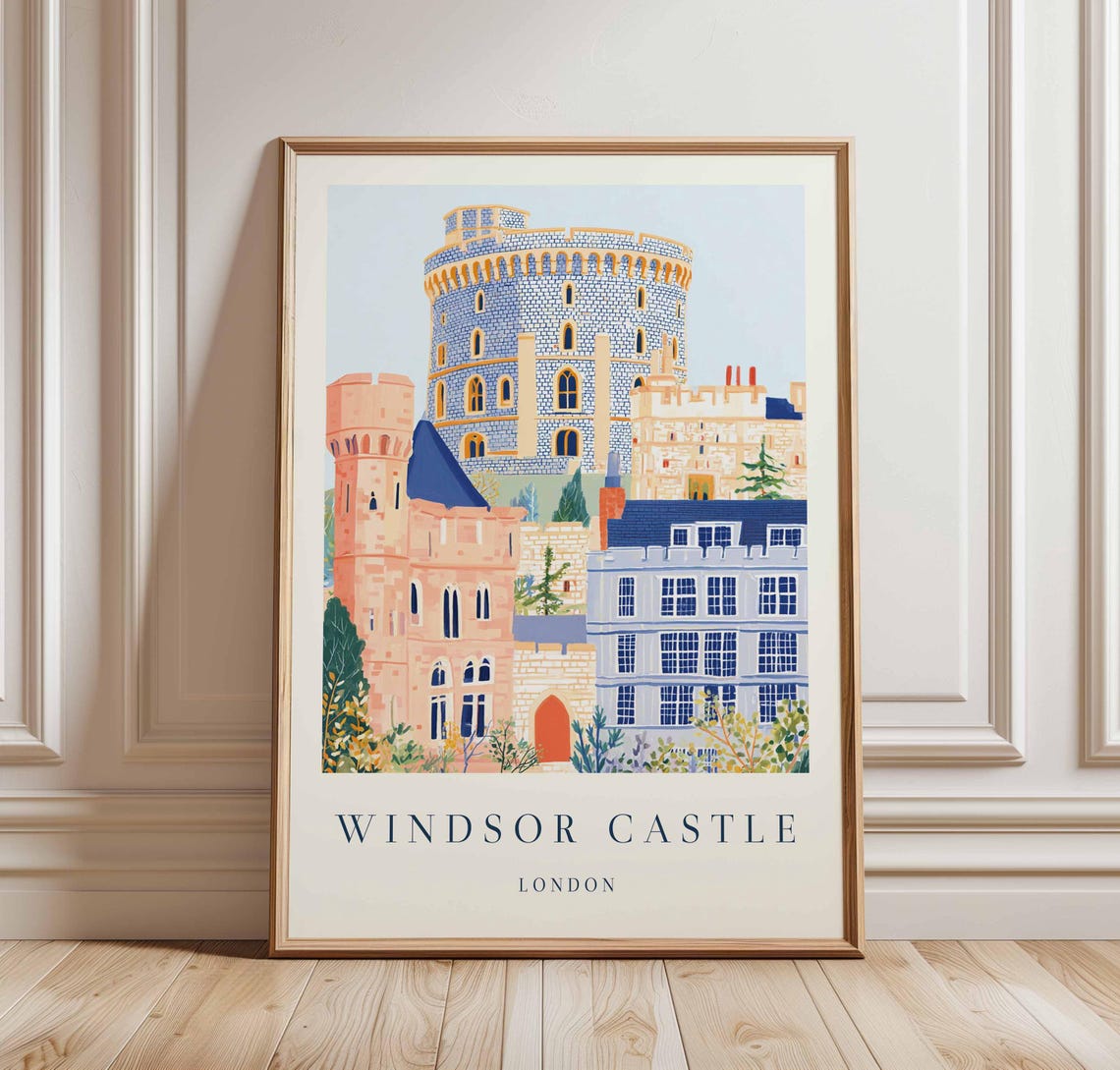 Windsor Castle London Round Tower Pastel Royal Art Travel Poster