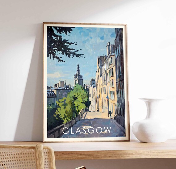 Glasgow Scotland Quiet Street Stone Buildings Blue Sky Poster