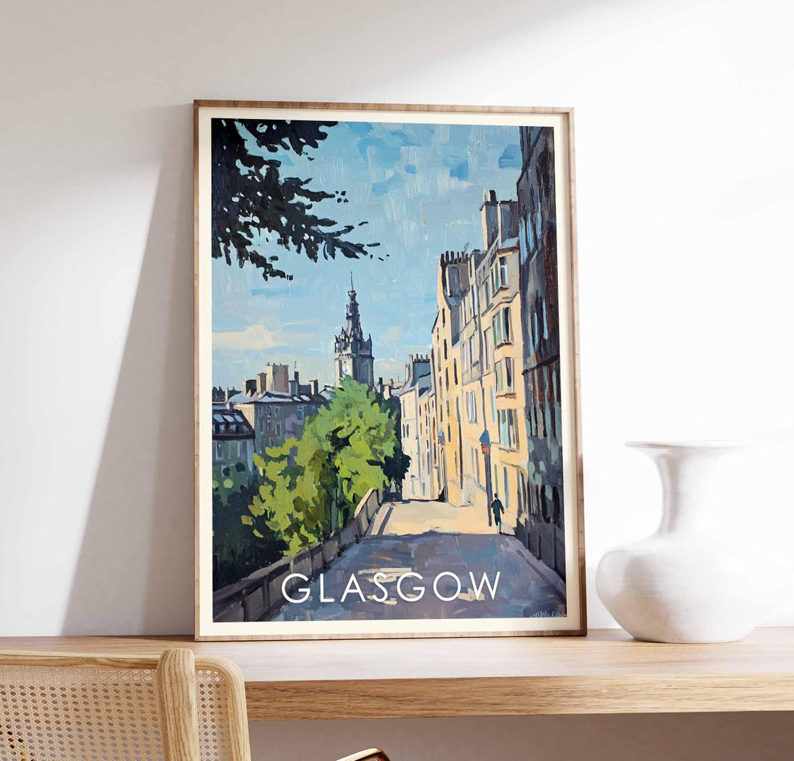 Glasgow Scotland Quiet Street Stone Buildings Blue Sky Poster