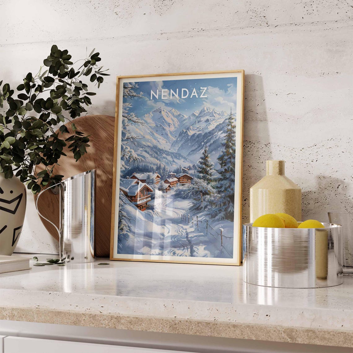 Nendaz Switzerland Morning Light Path Through Pines Chalets Ski Poster - Image 2
