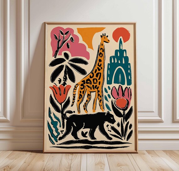 Giraffe and Panther Bold Jungle Floral Retro Safari Art Poster