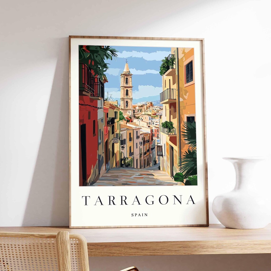 Tarragona Spain Sunny Old Town Street With Bell Tower Poster