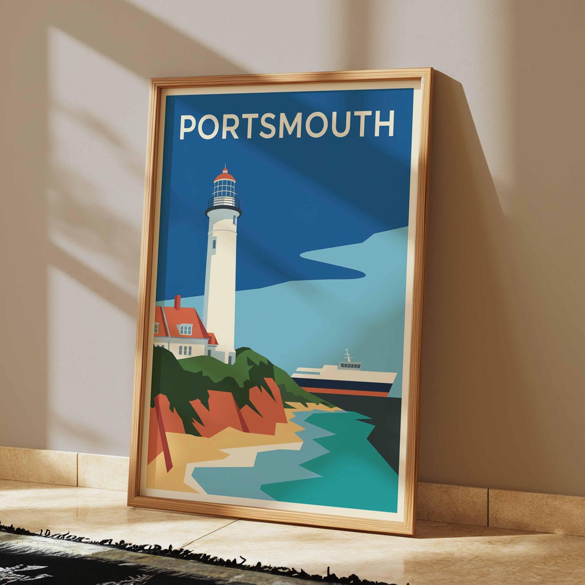 Portsmouth Lighthouse Red Cliffs and Ferry Coastal Travel Poster - Image 2
