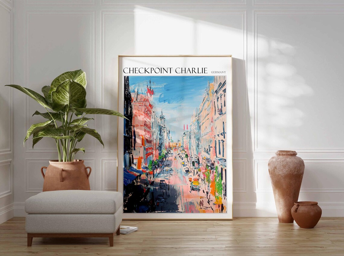 Checkpoint Charlie Berlin Pastel City Street and Cars Oil Poster - Image 2
