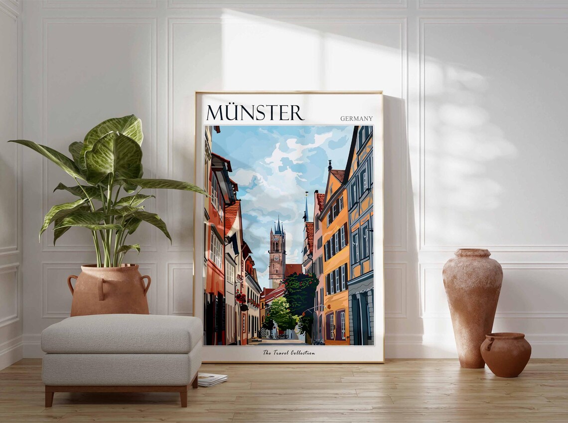 Munster Germany Historic Street Clock Tower Colorful Art Poster - Image 3