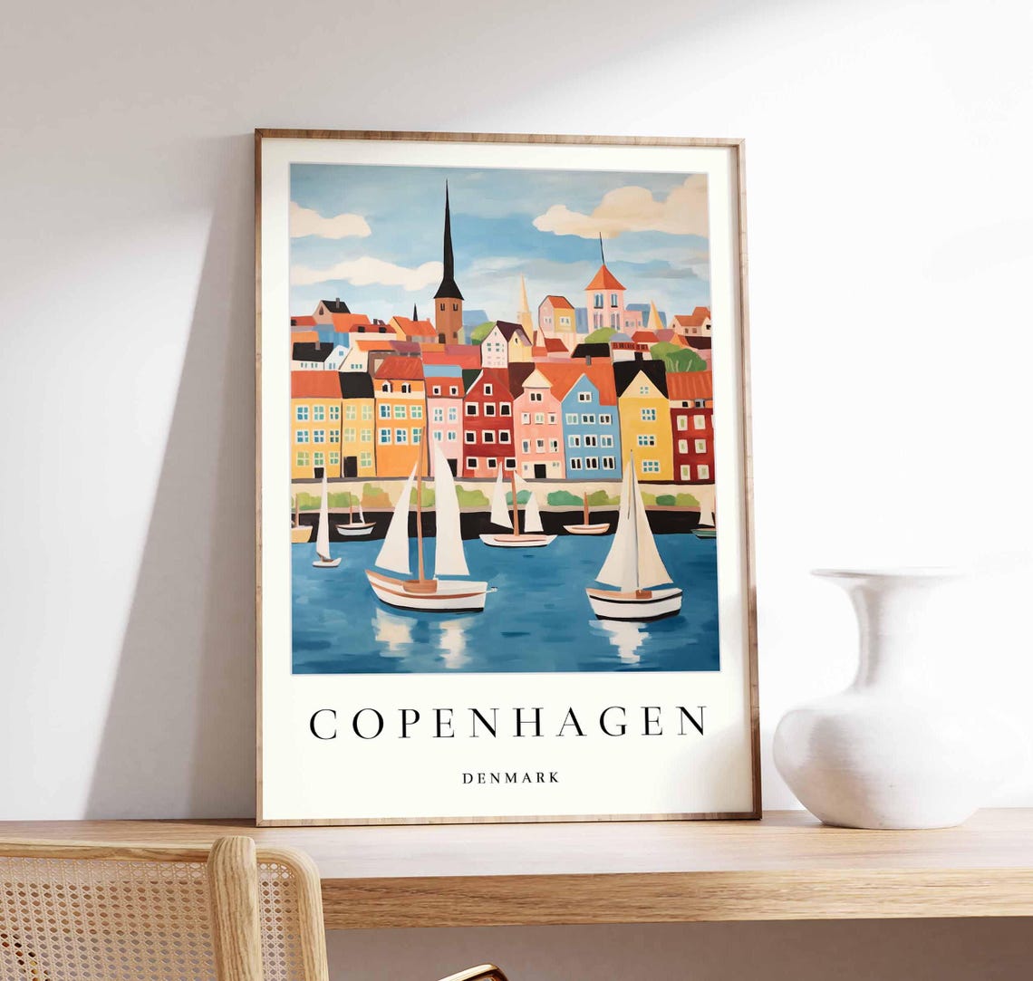 Copenhagen Sailboat Harbor Colorful Waterfront Denmark Travel Poster