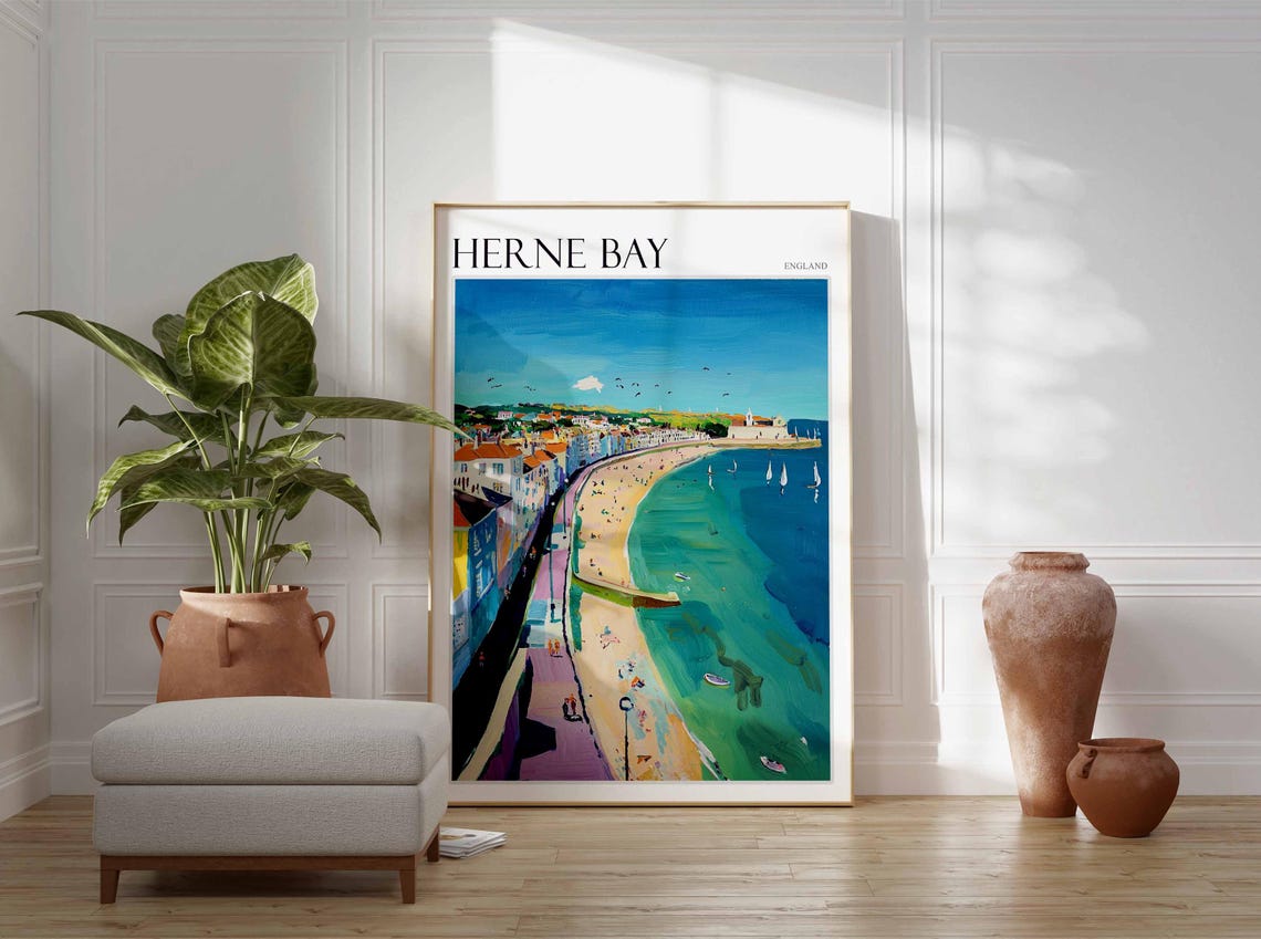 Herne Bay England Curved Beach Aerial Rooftops Sailing Poster - Image 3