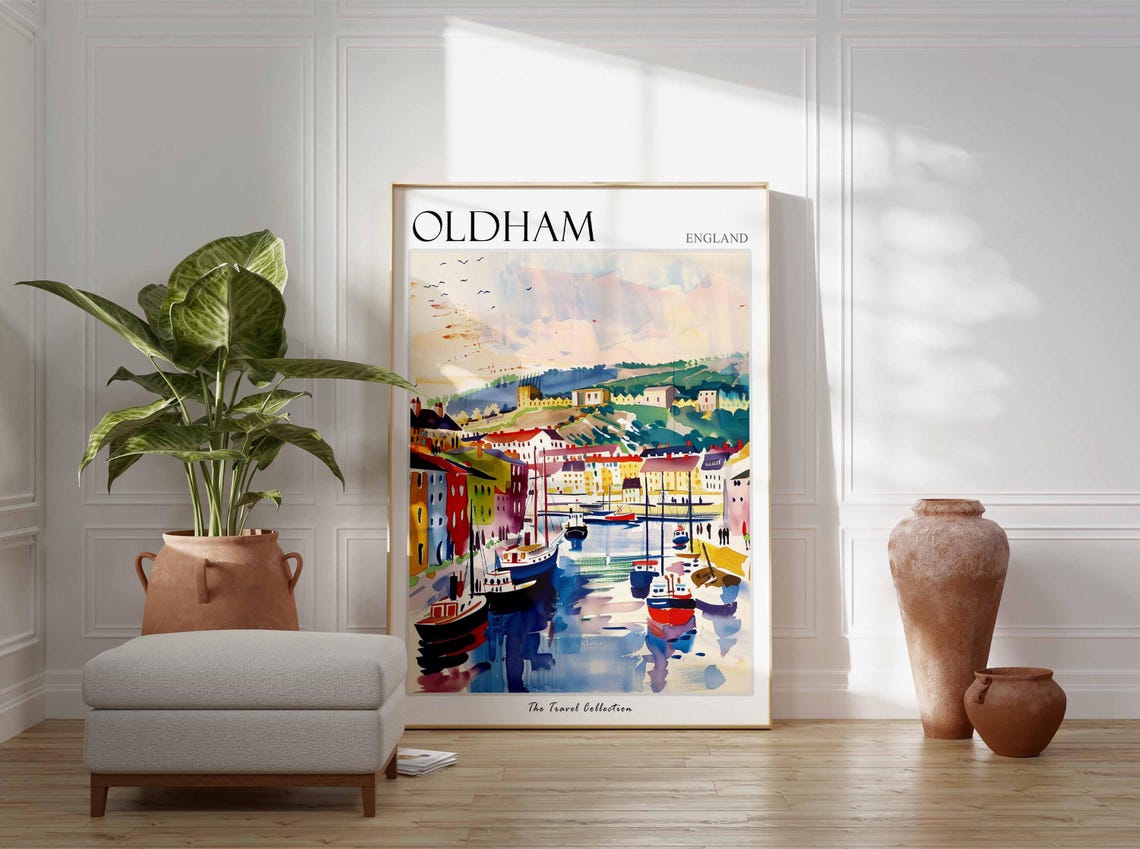 Oldham England Colorful Harbor Fishing Boats Travel Collection Poster - Image 2