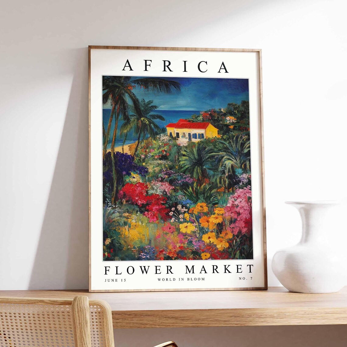 Africa Moonlit Villa Red Roof Garden Night Bloom Glow Poster