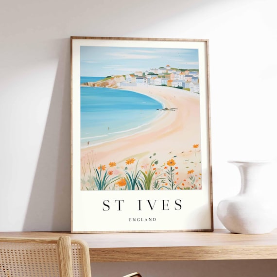 St Ives England Sandy Beach Bay Wildflowers Coastal Scene Poster