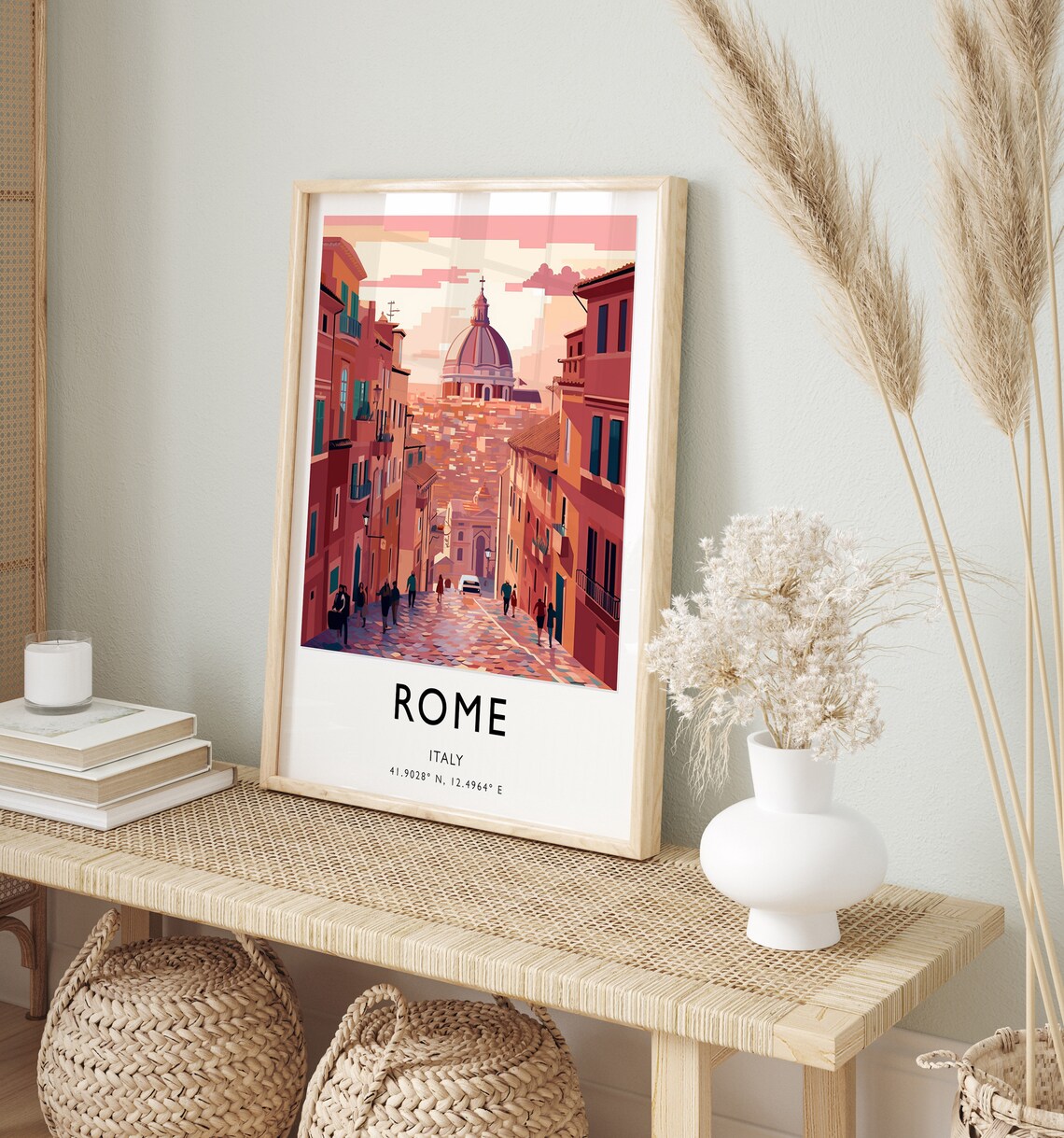 Rome Italy Colorful Historic Street Domed Church Art Travel Poster - Image 2