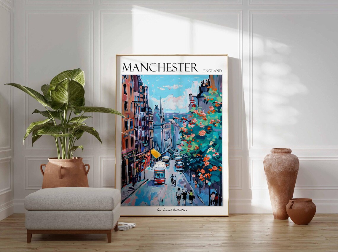 Manchester England Busy City Street Red Buses Colorful Travel Poster - Image 2