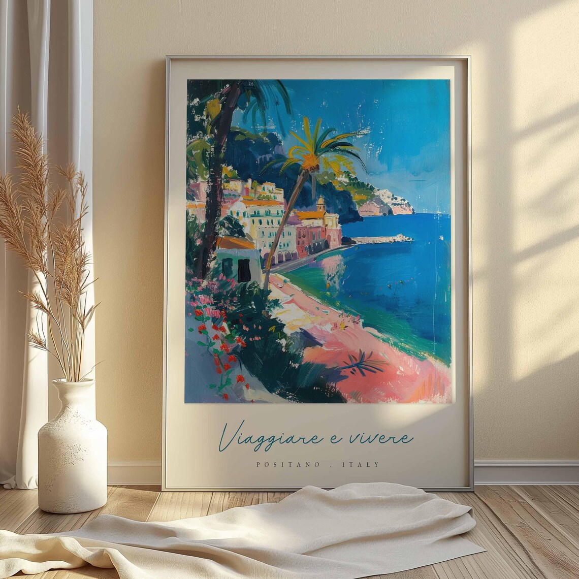 Positano Italy Sandy Beach Palm Trees Boats Seaside View Travel Poster - Image 2