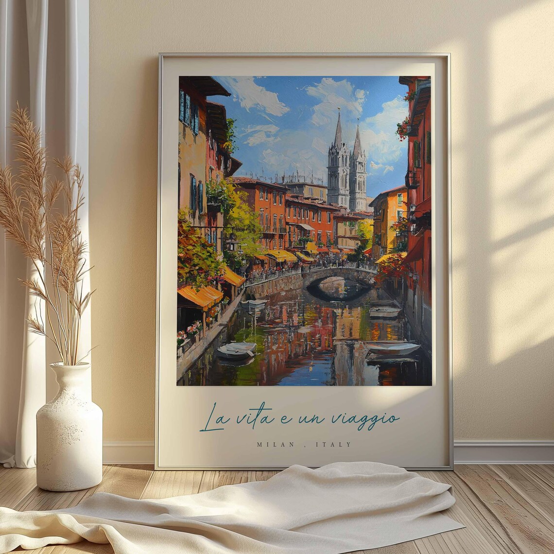 Milan Italy Canal Boats Bridge Twin Spires Art Travel Poster - Image 2