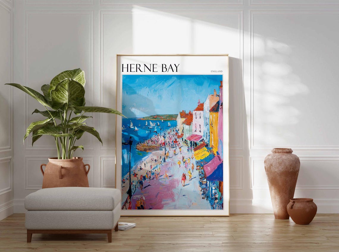 Herne Bay England Lively Promenade Crowds Sailboats Shops Poster - Image 3