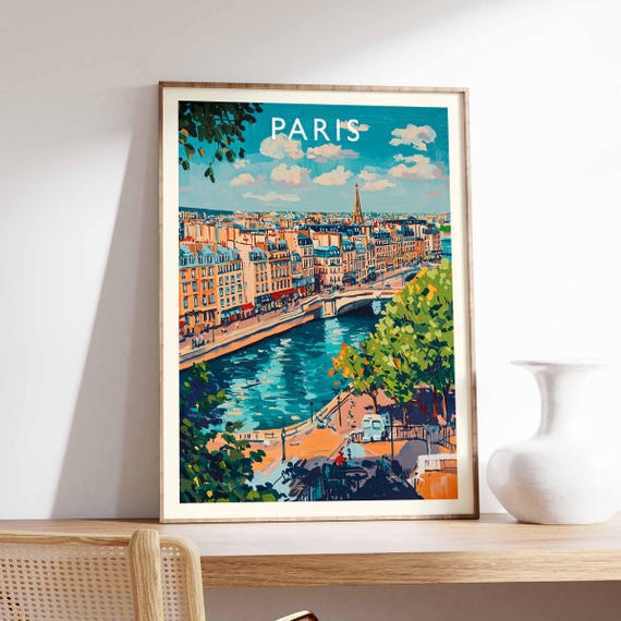 Paris Poster France Travel Print Eiffel Tower Cityscape Wall Decor Louvre Museum View Parisian City Gift