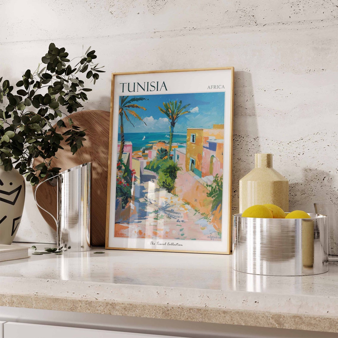 Tunisia Africa Sunlit Coastal Alley Palms Sailboats View Poster - Image 3
