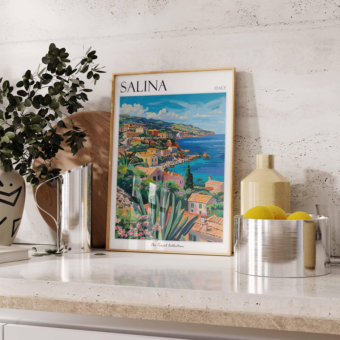 Salina Italy Cliffside Town Agave Flower Coastal Scene Poster - Image 2