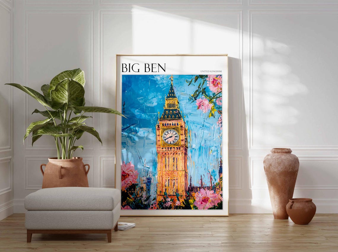 Big Ben United Kingdom Tower and Pink Blossom Sky View Poster - Image 2
