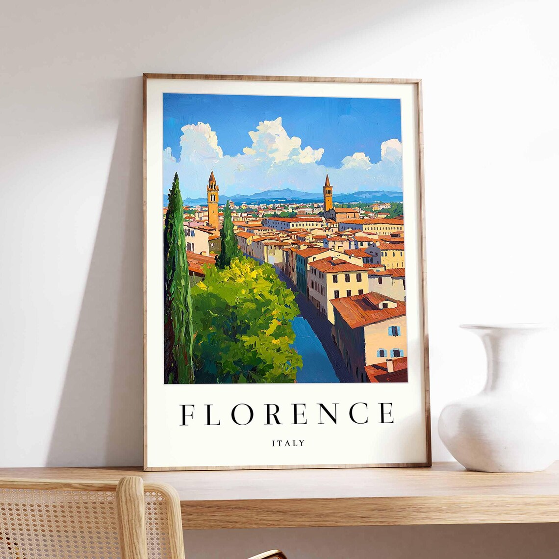 Florence Twin Church Towers Cypress Trees Street Italy Travel Poster
