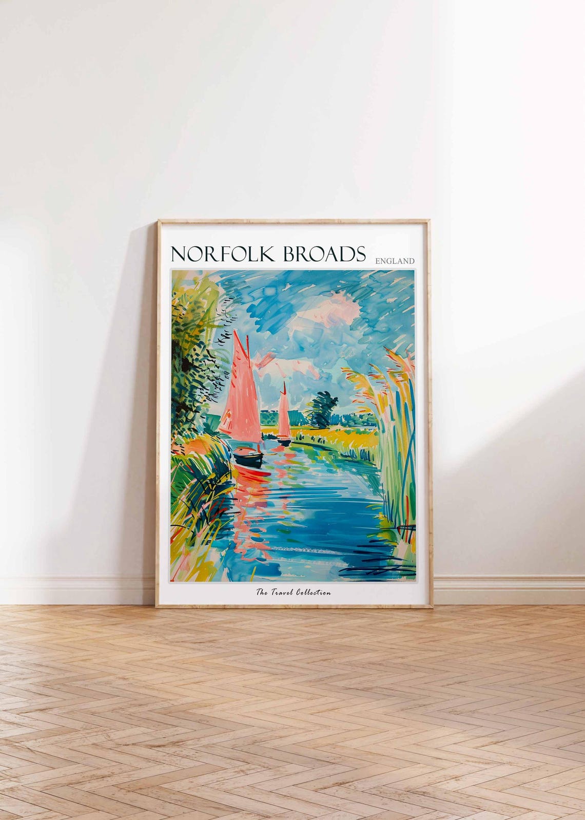 Norfolk Broads Pink Sailed Boats River Watercolor Travel Poster - Image 3