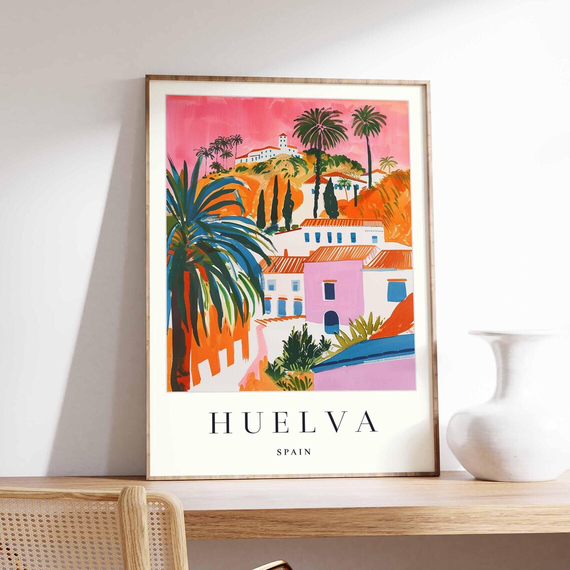 Huelva Spain Andalusian White Village Palms at Sunset Poster